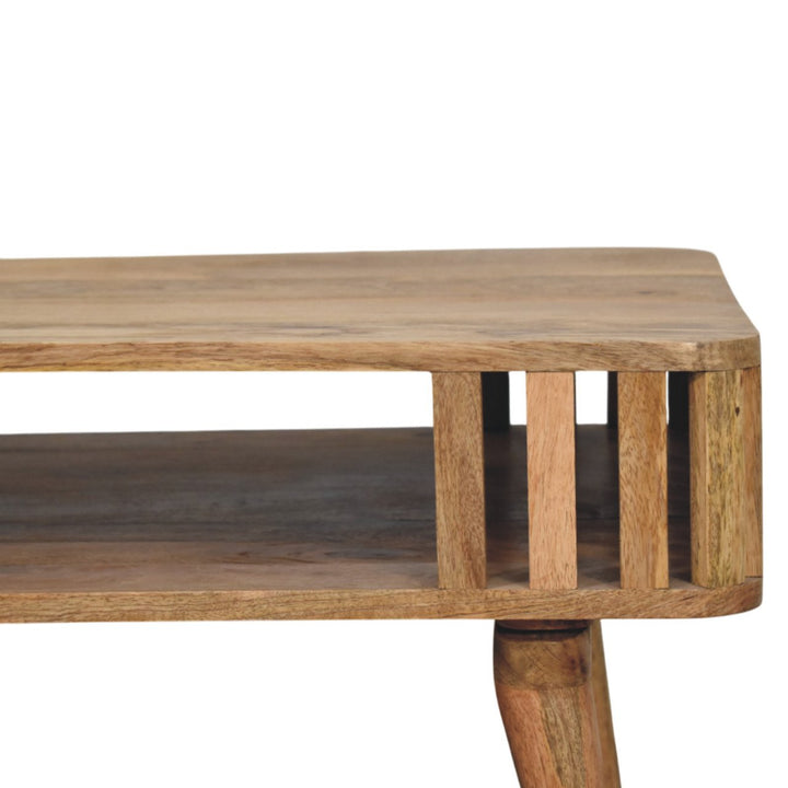 Solid Wood Slatted Oak-ish Coffee Table, Open Storage, Nordic Legs, Light Brown