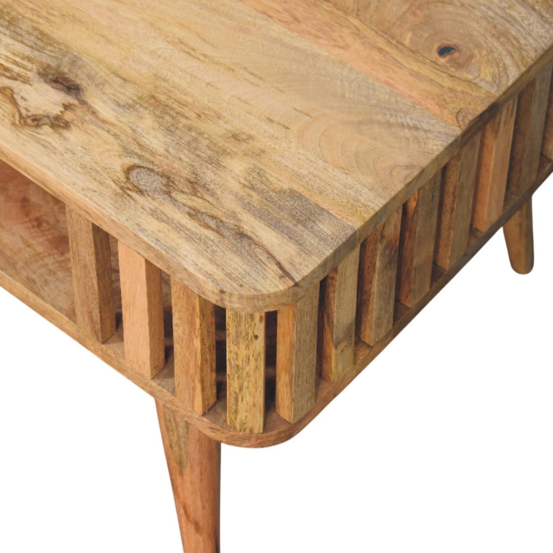 Solid Wood Slatted Oak-ish Coffee Table, Open Storage, Nordic Legs, Light Brown