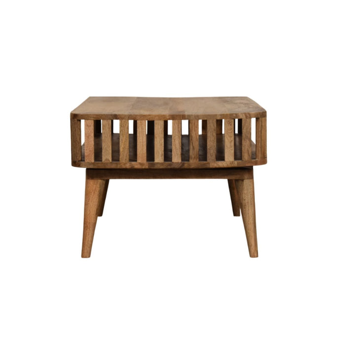 Solid Wood Slatted Oak-ish Coffee Table, Open Storage, Nordic Legs, Light Brown