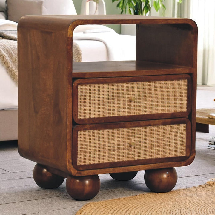 Solid Wood Larissa Chestnut Nightstand, 2-Drawers, 1 Open-Slot, Beige and Brown