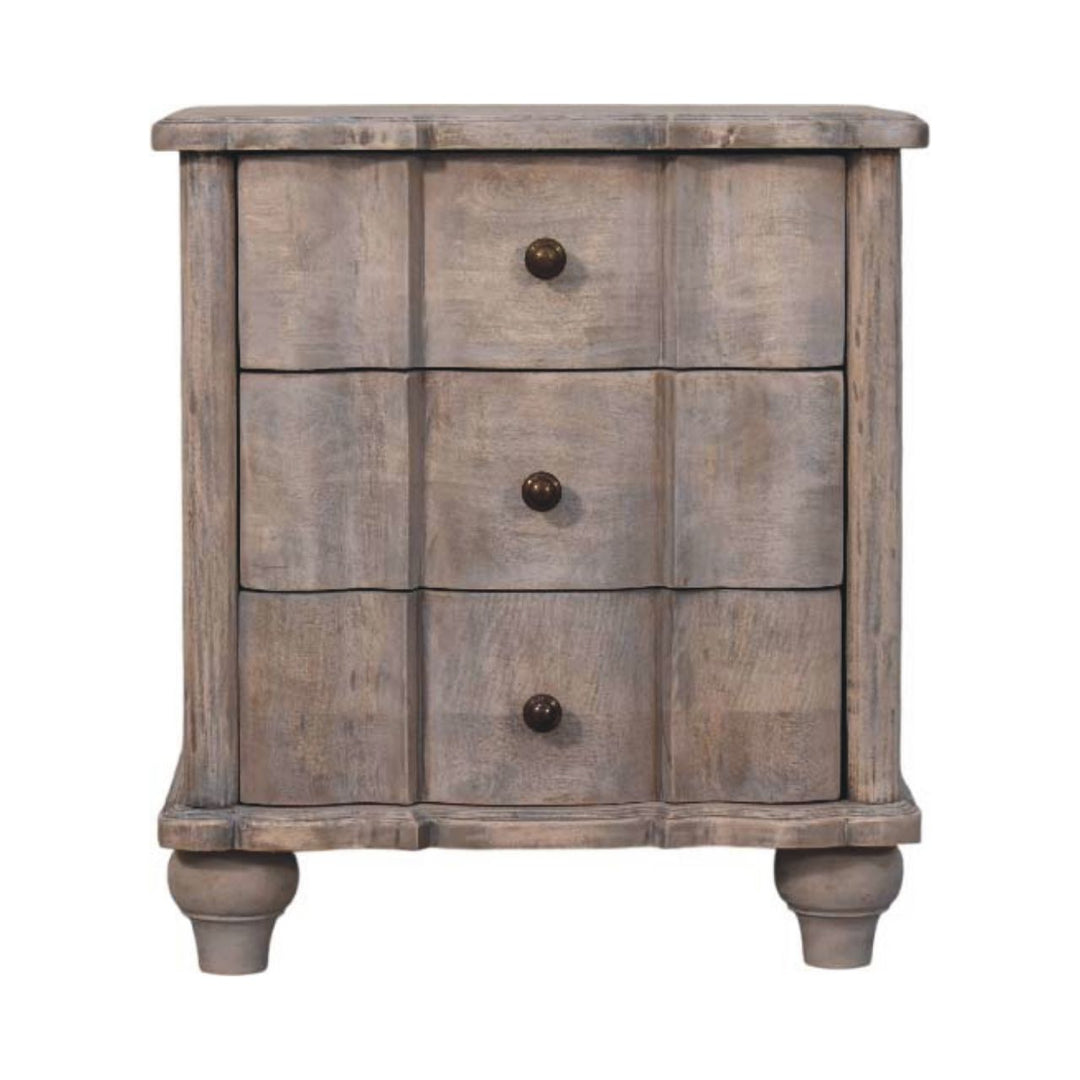 Solid Wood Beaumont Curved Nightstand,Grey,3-Drawers