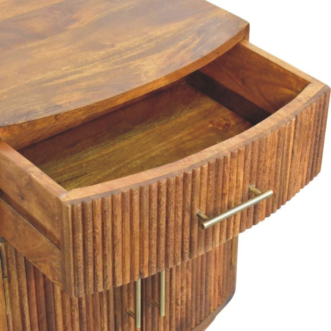 Solid Wood Curved Ribbed Bedside with Drawer,Brown,1-door