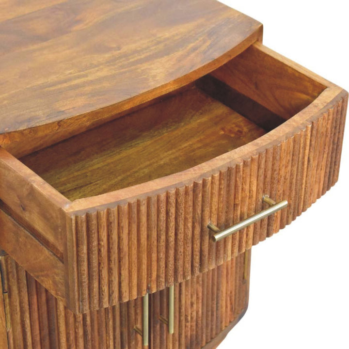 Solid Wood Curved Ribbed Bedside with Drawer,Brown,1-door