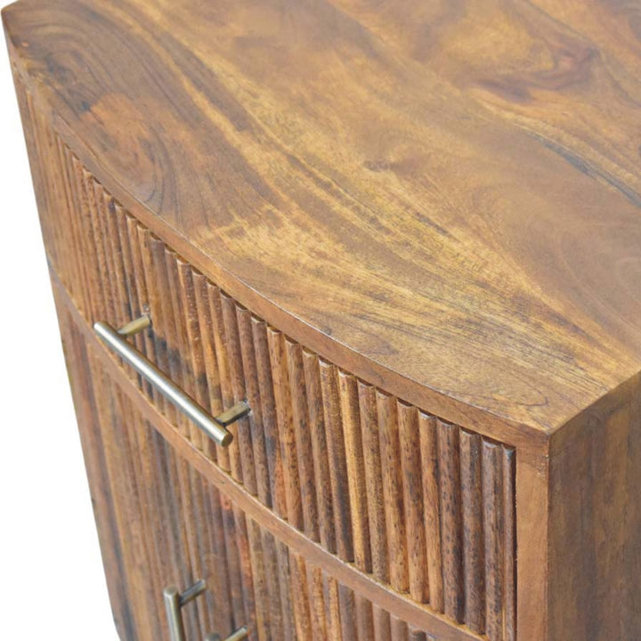 Solid Wood Curved Ribbed Bedside with Drawer,Brown,1-door