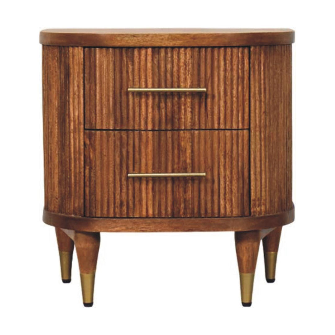 Solid Wood Ribbed Bedside with Brass Accents,Brown, 2-Drawers