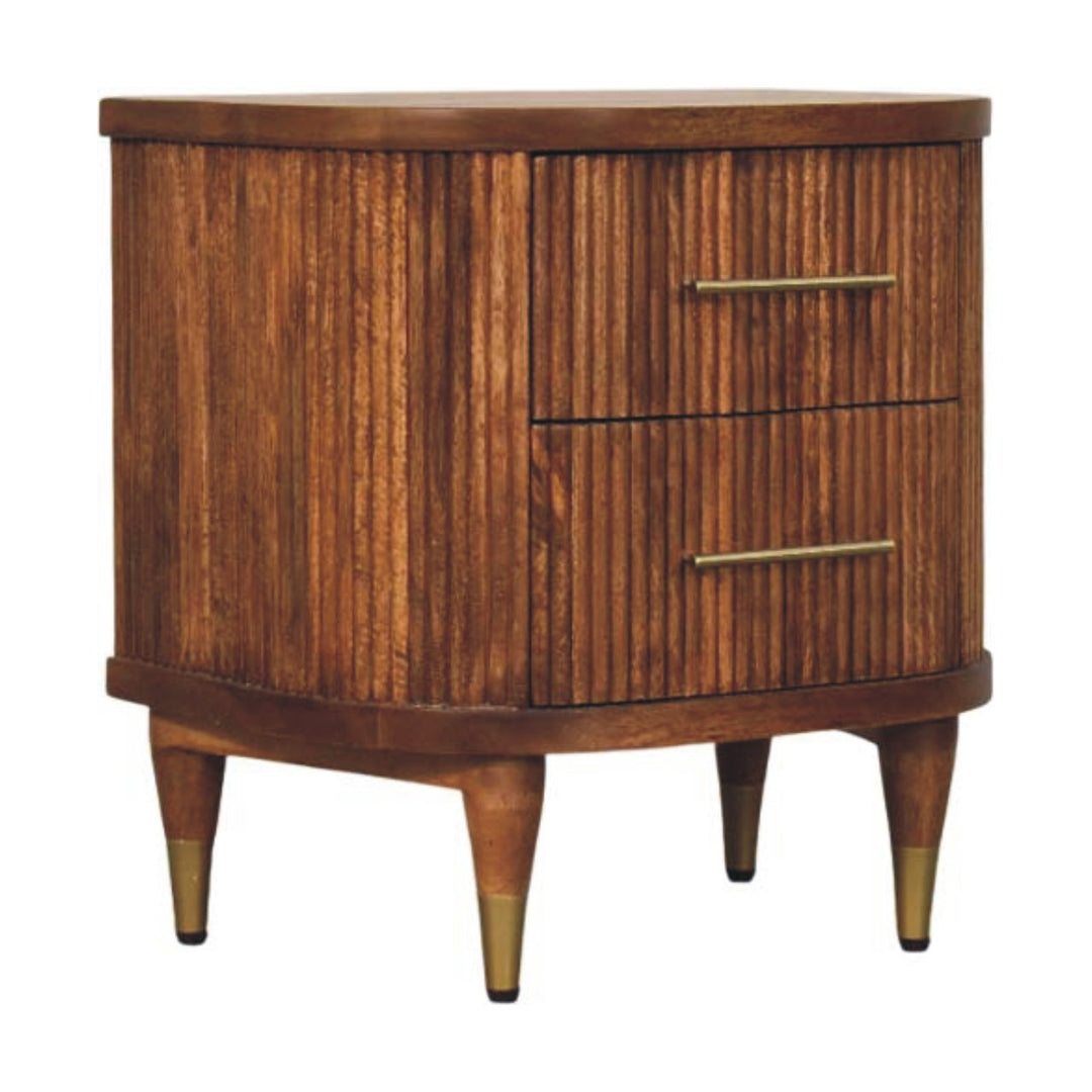 Solid Wood Ribbed Bedside with Brass Accents,Brown, 2-Drawers