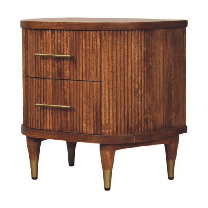Solid Wood Ribbed Bedside with Brass Accents,Brown, 2-Drawers