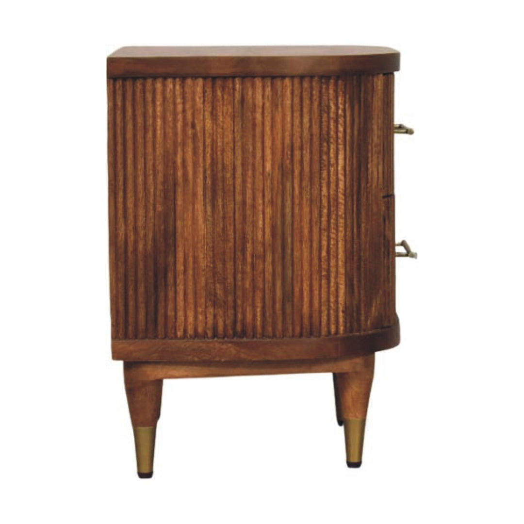 Solid Wood Ribbed Bedside with Brass Accents,Brown, 2-Drawers