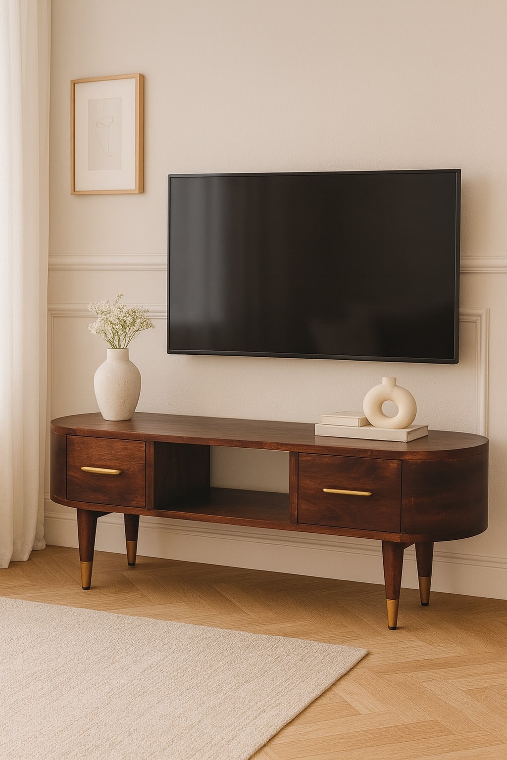 Solid Wood Two-Drawer Open-Slot Media Unit,Brown,1-Shelf