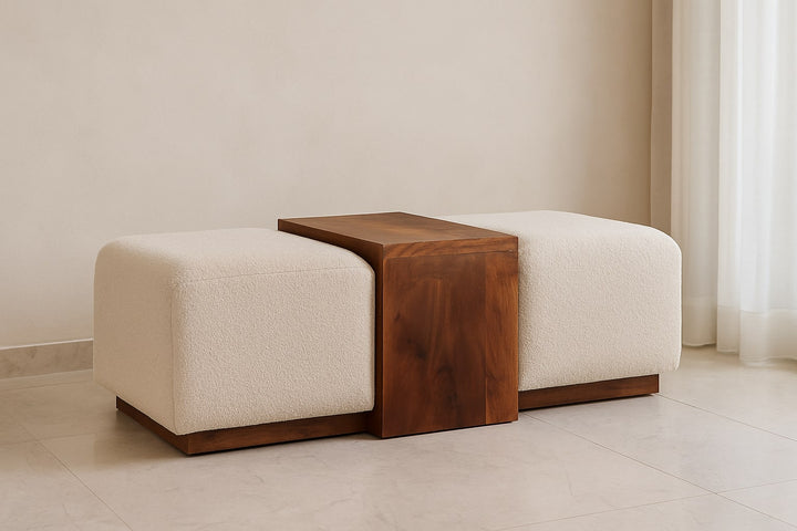 Solid Wood Arden Bench Duo,Boucle seats,Warm Tone