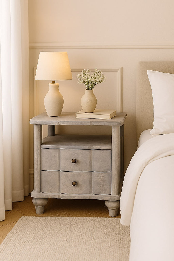 Solid Wood Lucia Bedside,Grey,2-Drawer,1-Shelf