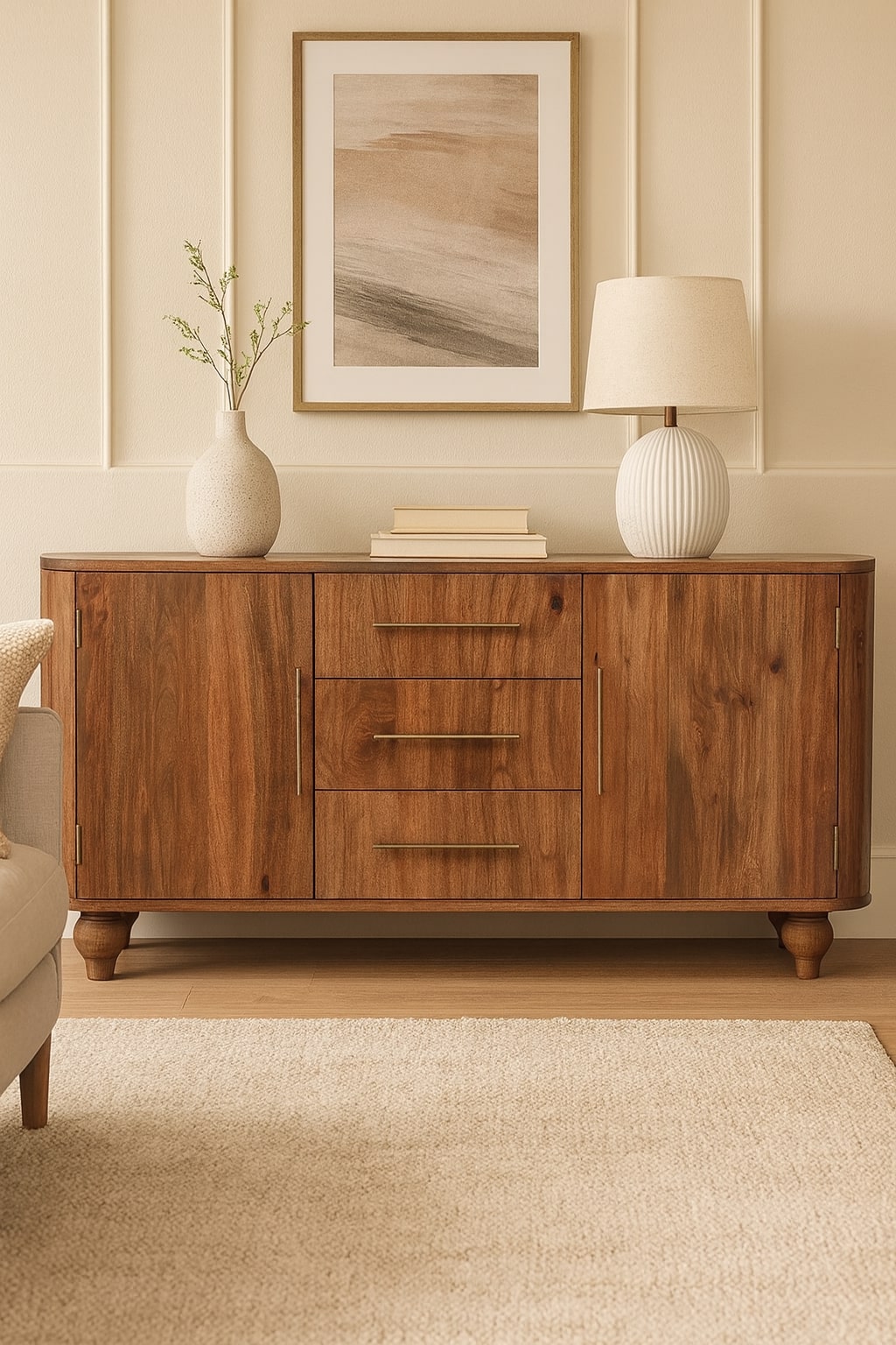 Solid Wood Montara Sideboard,Beige,2-Doors,3-Drawers