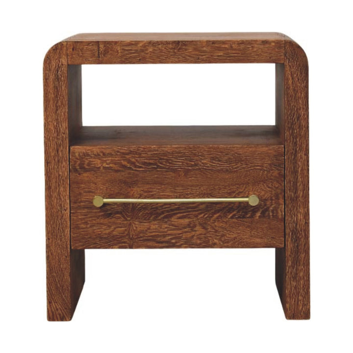 Solid Wood Curved Edge Bedside,Brown,1-Drawer,1-Shelf