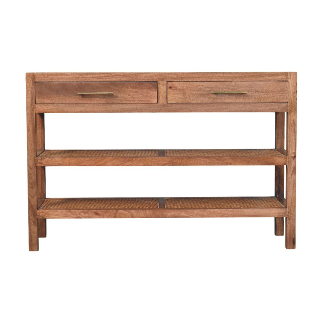 Solid Wood Woven Tier Console,Brown,2-Drawers,2-Shelf