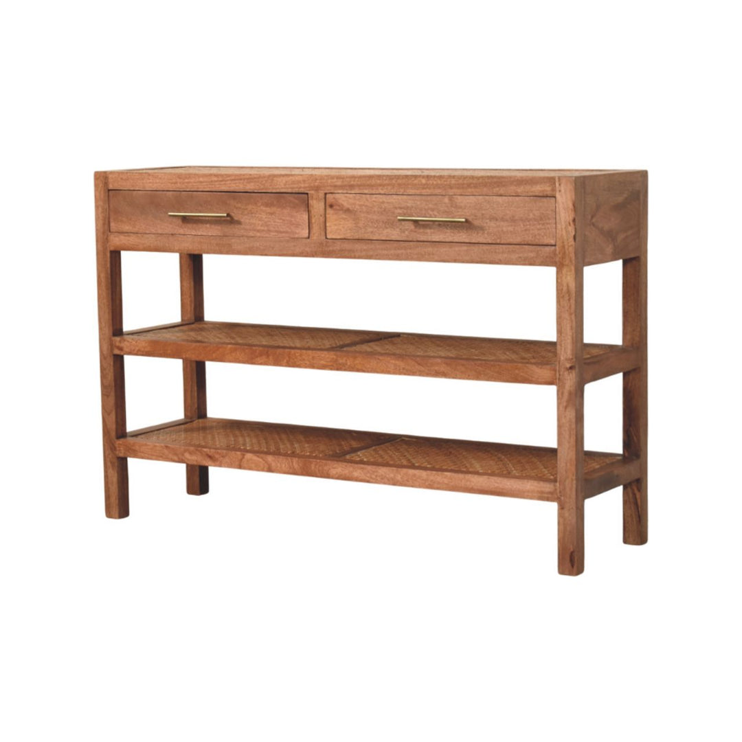 Solid Wood Woven Tier Console,Brown,2-Drawers,2-Shelf