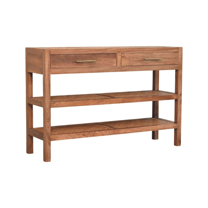 Solid Wood Woven Tier Console,Brown,2-Drawers,2-Shelf