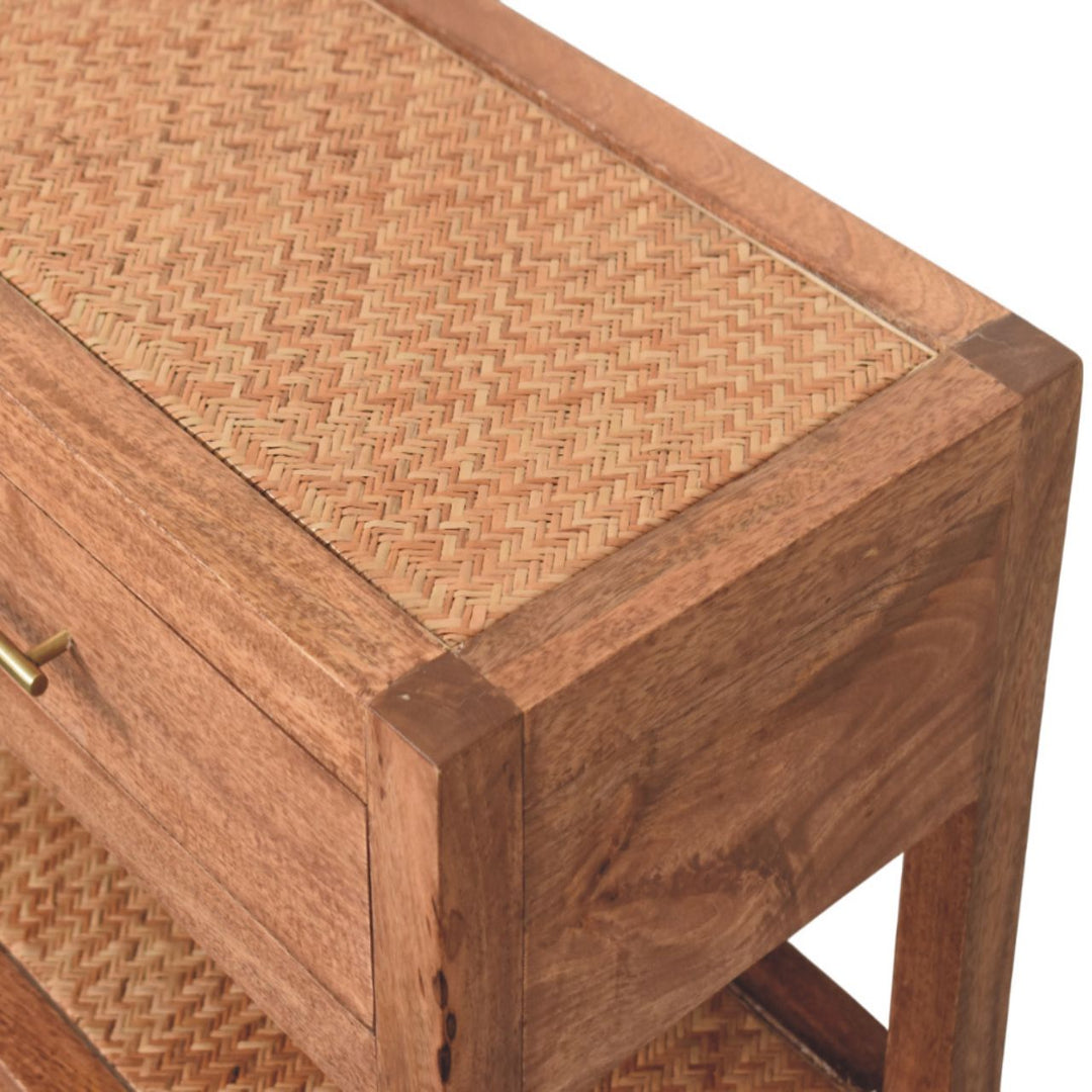 Solid Wood Woven Tier Console,Brown,2-Drawers,2-Shelf