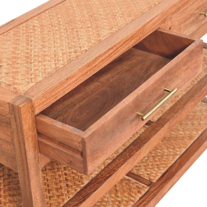 Solid Wood Woven Tier Console,Brown,2-Drawers,2-Shelf