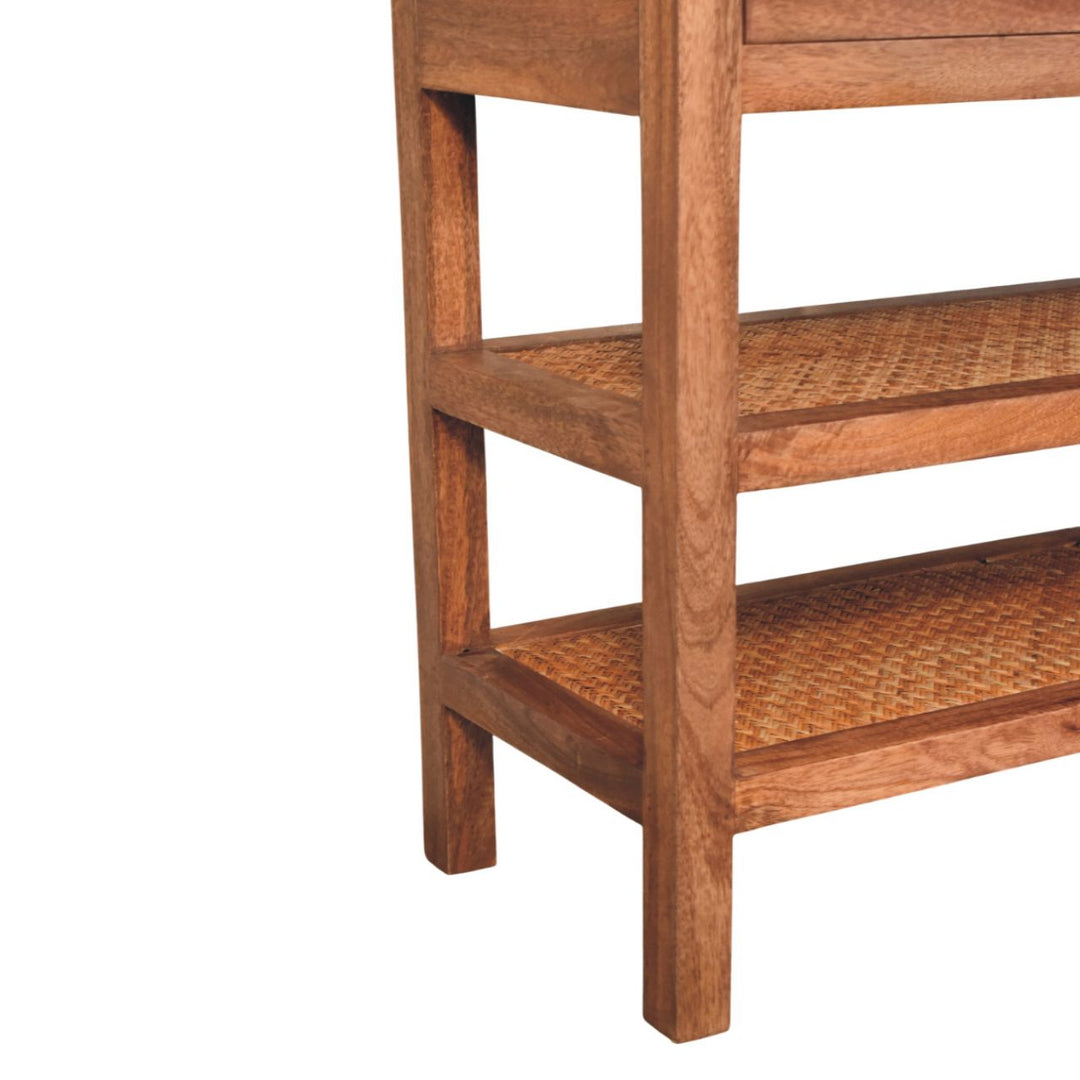 Solid Wood Woven Tier Console,Brown,2-Drawers,2-Shelf