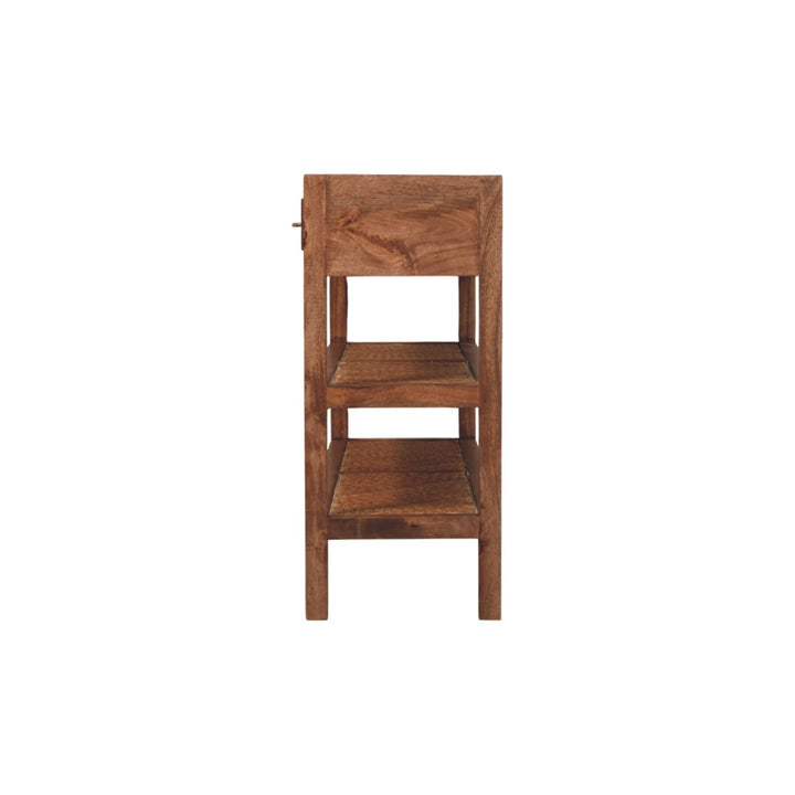 Solid Wood Woven Tier Console,Brown,2-Drawers,2-Shelf