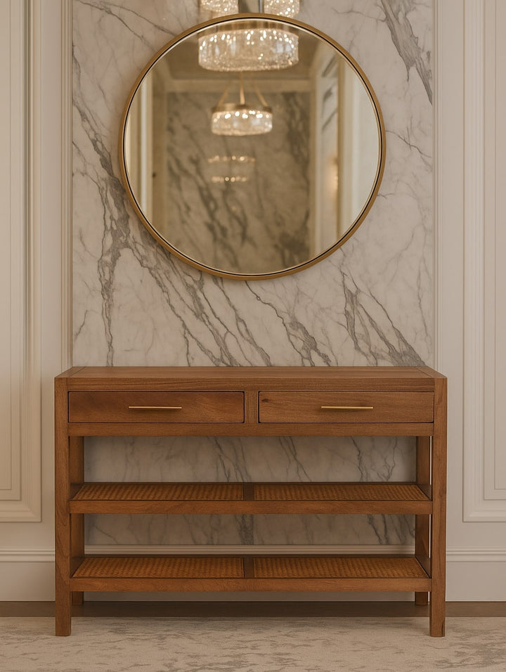 Solid Wood Woven Tier Console,Brown,2-Drawers,2-Shelf
