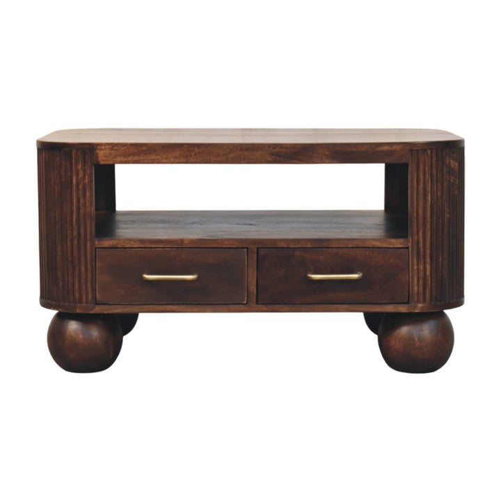 Solid Wood Sphere Leg Coffee Table,Ball Feet,Brown with 2-Drawers,1-shelf