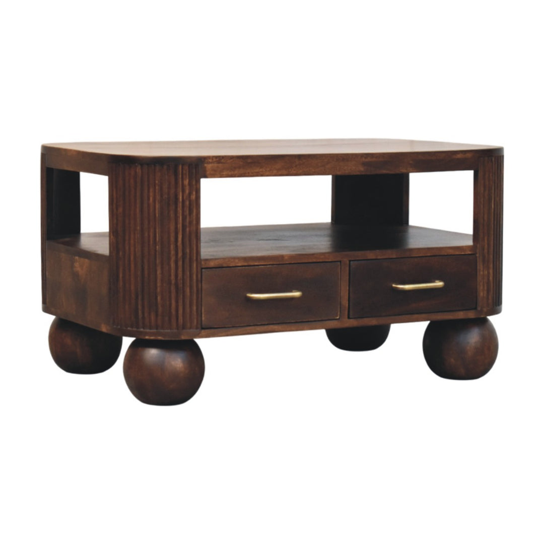 Solid Wood Sphere Leg Coffee Table,Ball Feet,Brown with 2-Drawers,1-shelf