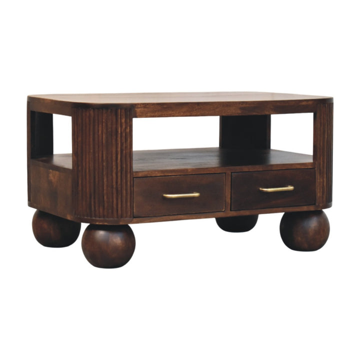 Solid Wood Sphere Leg Coffee Table,Ball Feet,Brown with 2-Drawers,1-shelf