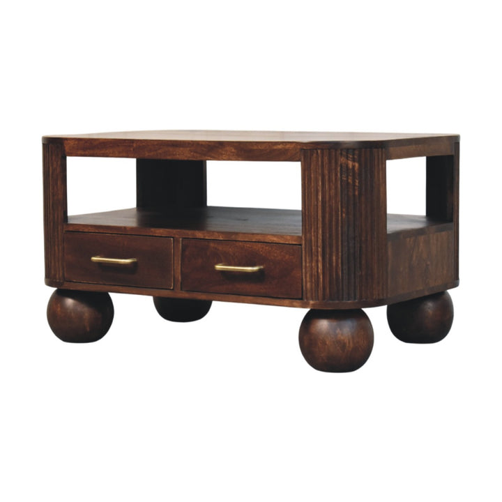 Solid Wood Sphere Leg Coffee Table,Ball Feet,Brown with 2-Drawers,1-shelf