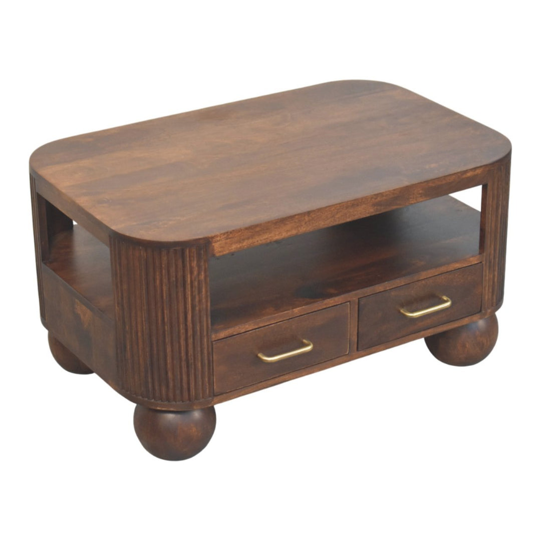 Solid Wood Sphere Leg Coffee Table,Ball Feet,Brown with 2-Drawers,1-shelf