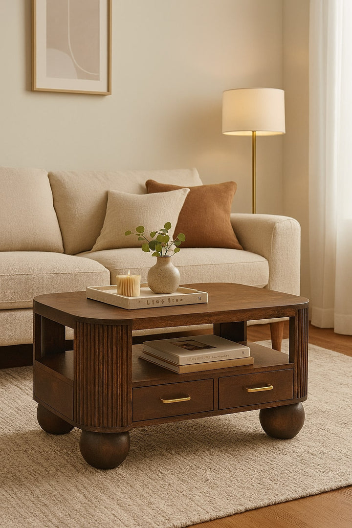Solid Wood Sphere Leg Coffee Table,Ball Feet,Brown with 2-Drawers,1-shelf