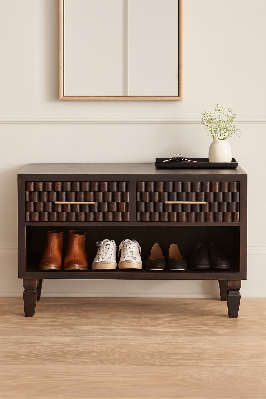 Solid Wood Arno Shoe Storage Unit,Black,2-Drawers,1-Shelf | ExpoBazaar