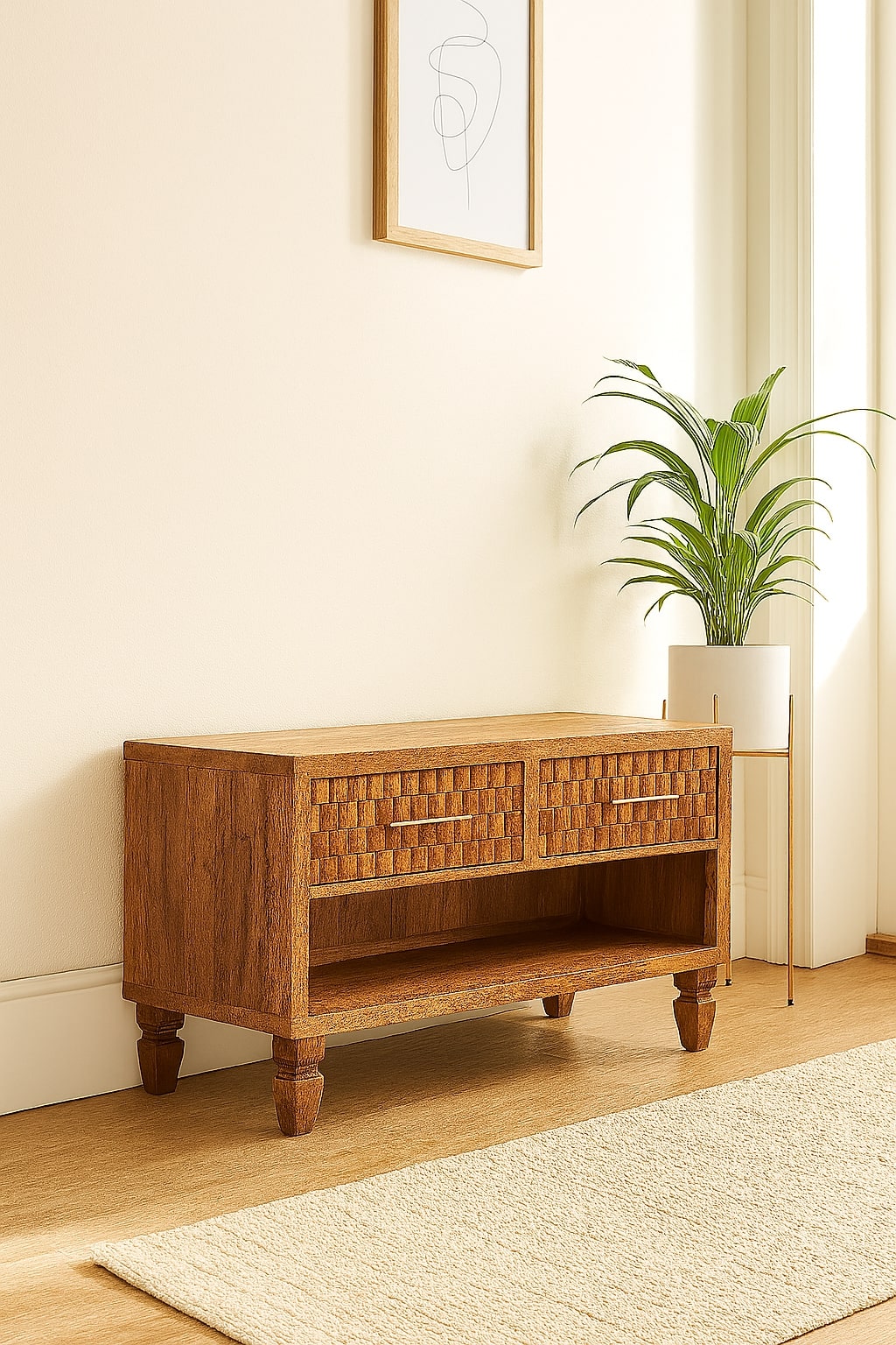 Solid Wood Arno Shoe Storage Unit in Golden Teak,2-Drawers,1-Shelf