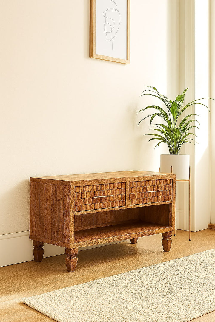 Solid Wood Arno Shoe Storage Unit in Golden Teak,2-Drawers,1-Shelf