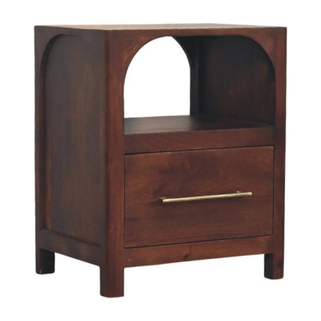 Solid Wood Arched Edge 1 Drawer Bedside, Chestnut Colour