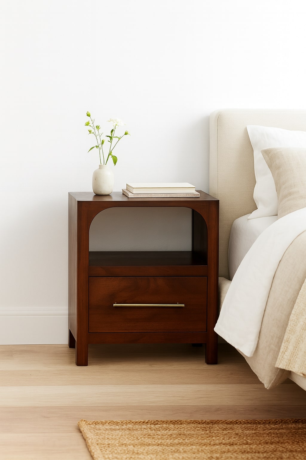 Solid Wood Arched Edge 1 Drawer Bedside, Chestnut Colour