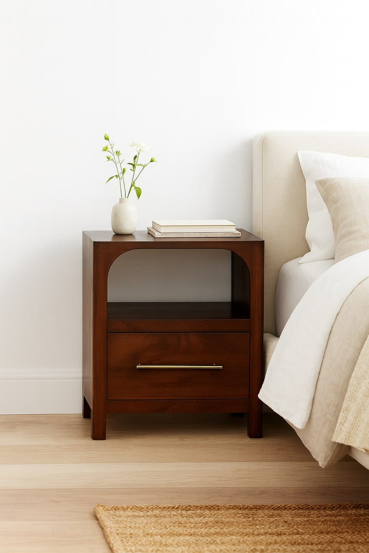 Solid Wood Arched Edge 1 Drawer Bedside, Chestnut Colour