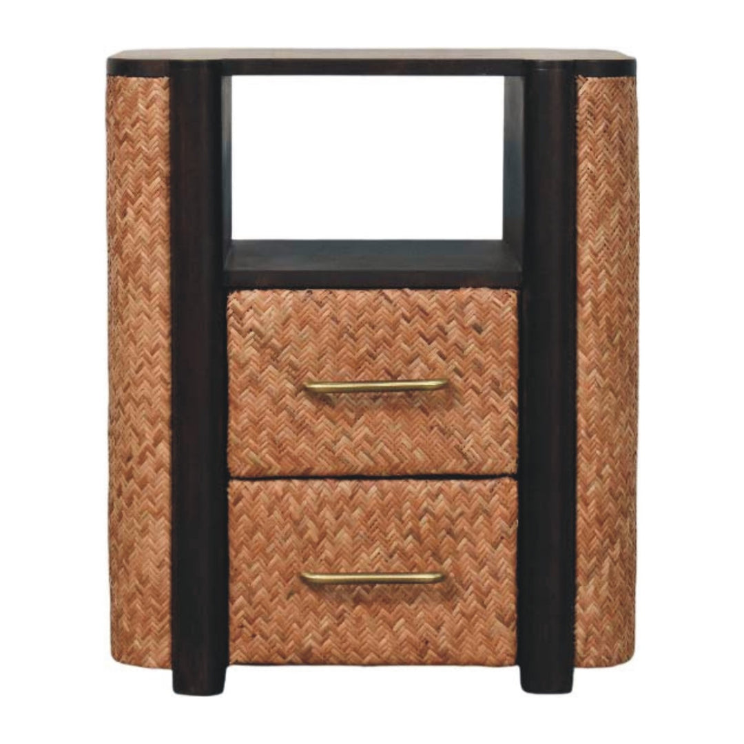 Solid Wood Rattan Curve Edge Nightstand,2-Drawers,1-Shelf
