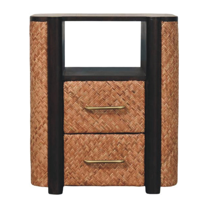 Solid Wood Rattan Curve Edge Nightstand,2-Drawers,1-Shelf