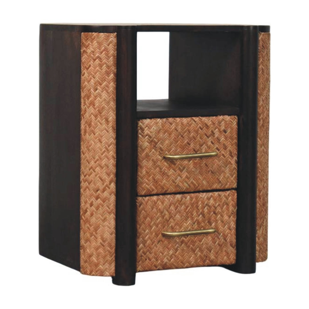 Solid Wood Rattan Curve Edge Nightstand,2-Drawers,1-Shelf
