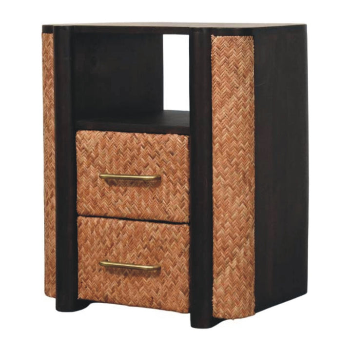 Solid Wood Rattan Curve Edge Nightstand,2-Drawers,1-Shelf