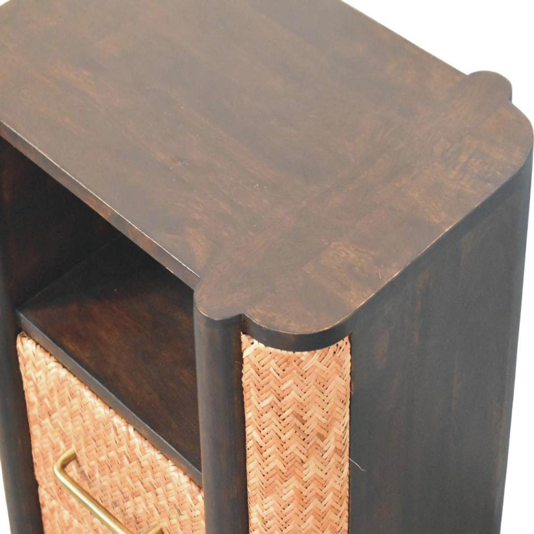 Solid Wood Rattan Curve Edge Nightstand,2-Drawers,1-Shelf