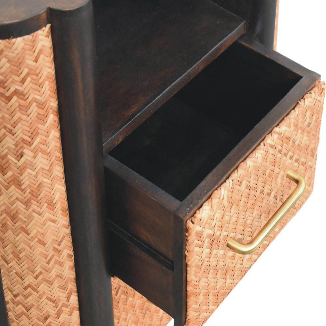 Solid Wood Rattan Curve Edge Nightstand,2-Drawers,1-Shelf