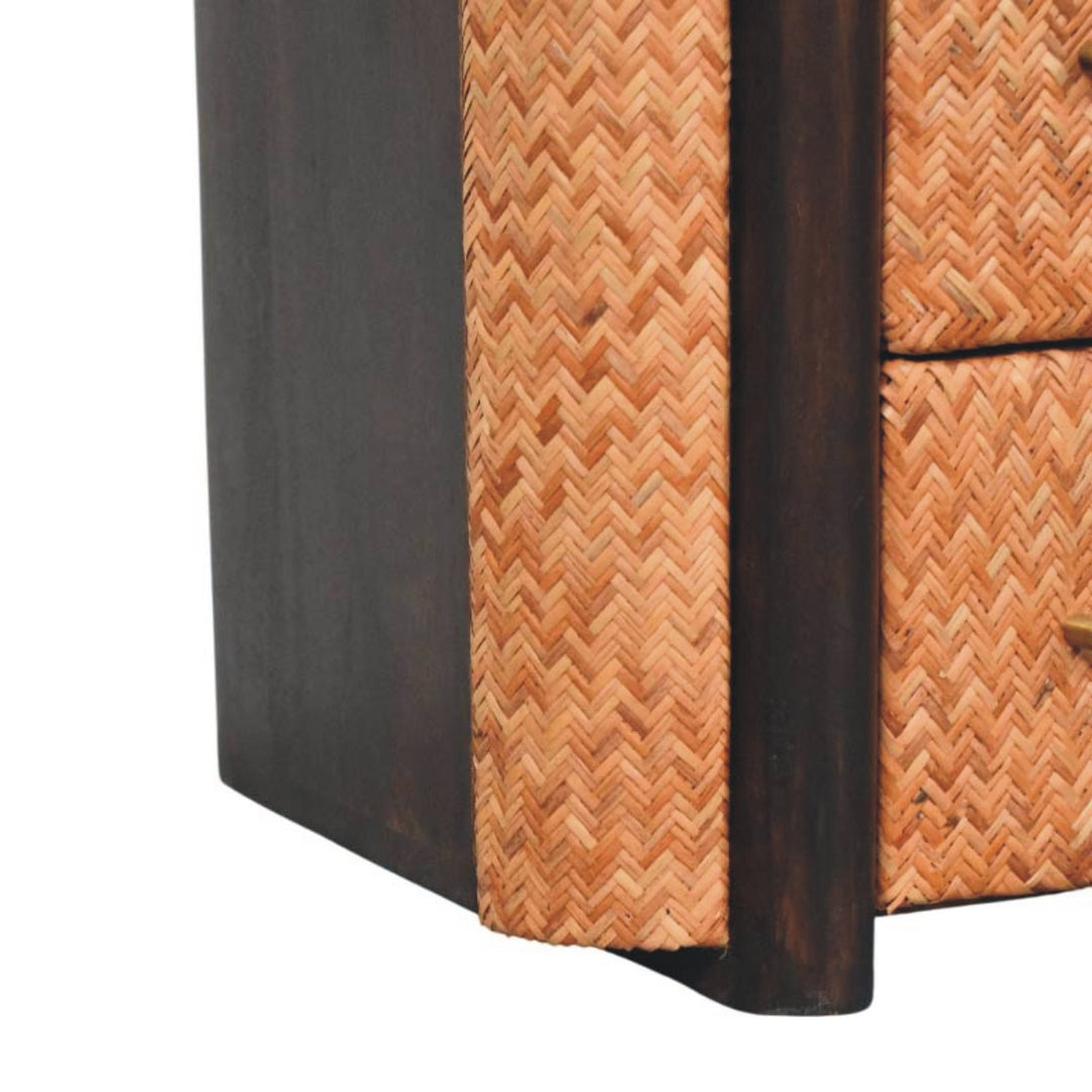 Solid Wood Rattan Curve Edge Nightstand,2-Drawers,1-Shelf