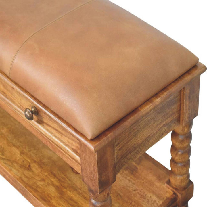 Solid Wood Leather Spindle Bench,Leather,2-Drawer,1-Shelf