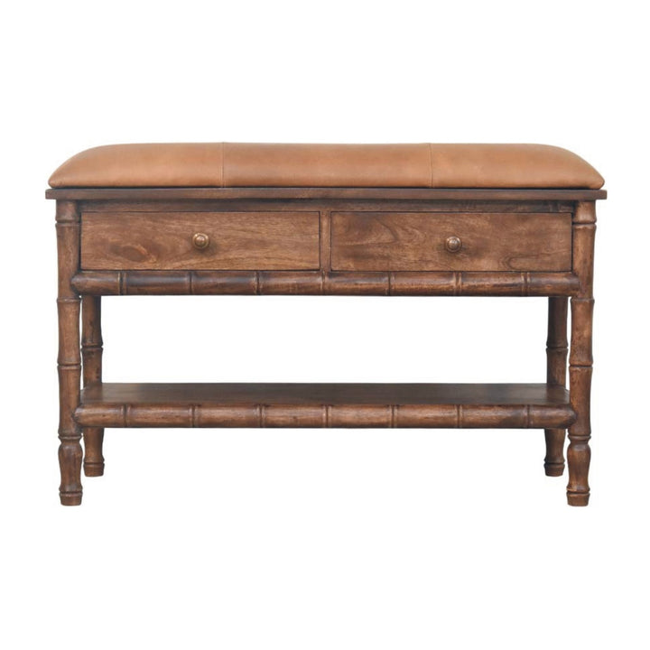 Solid Wood Bamboo Carved Storage Bench,Leather,2-Drawer,1-Shelf