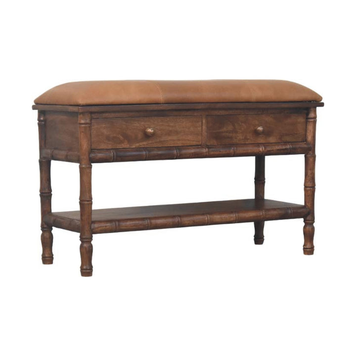 Solid Wood Bamboo Carved Storage Bench,Leather,2-Drawer,1-Shelf