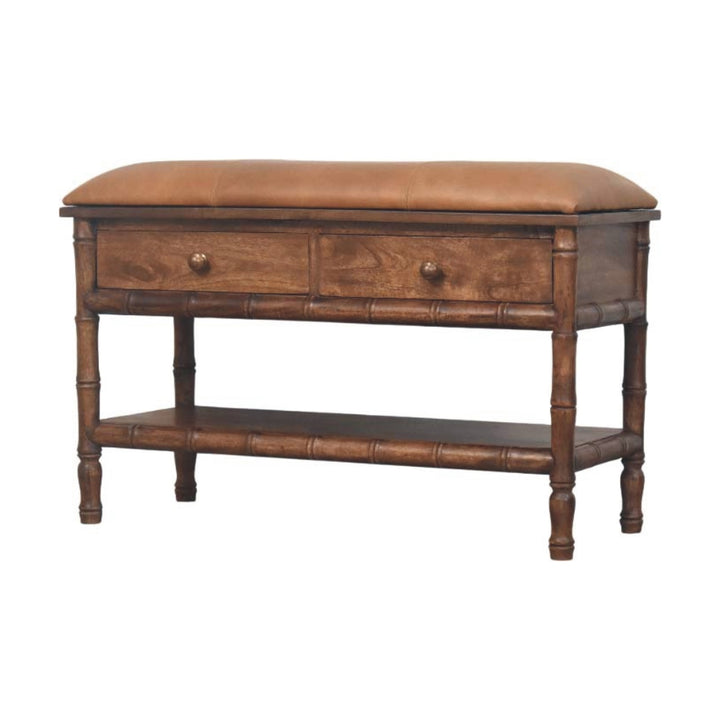 Solid Wood Bamboo Carved Storage Bench,Leather,2-Drawer,1-Shelf