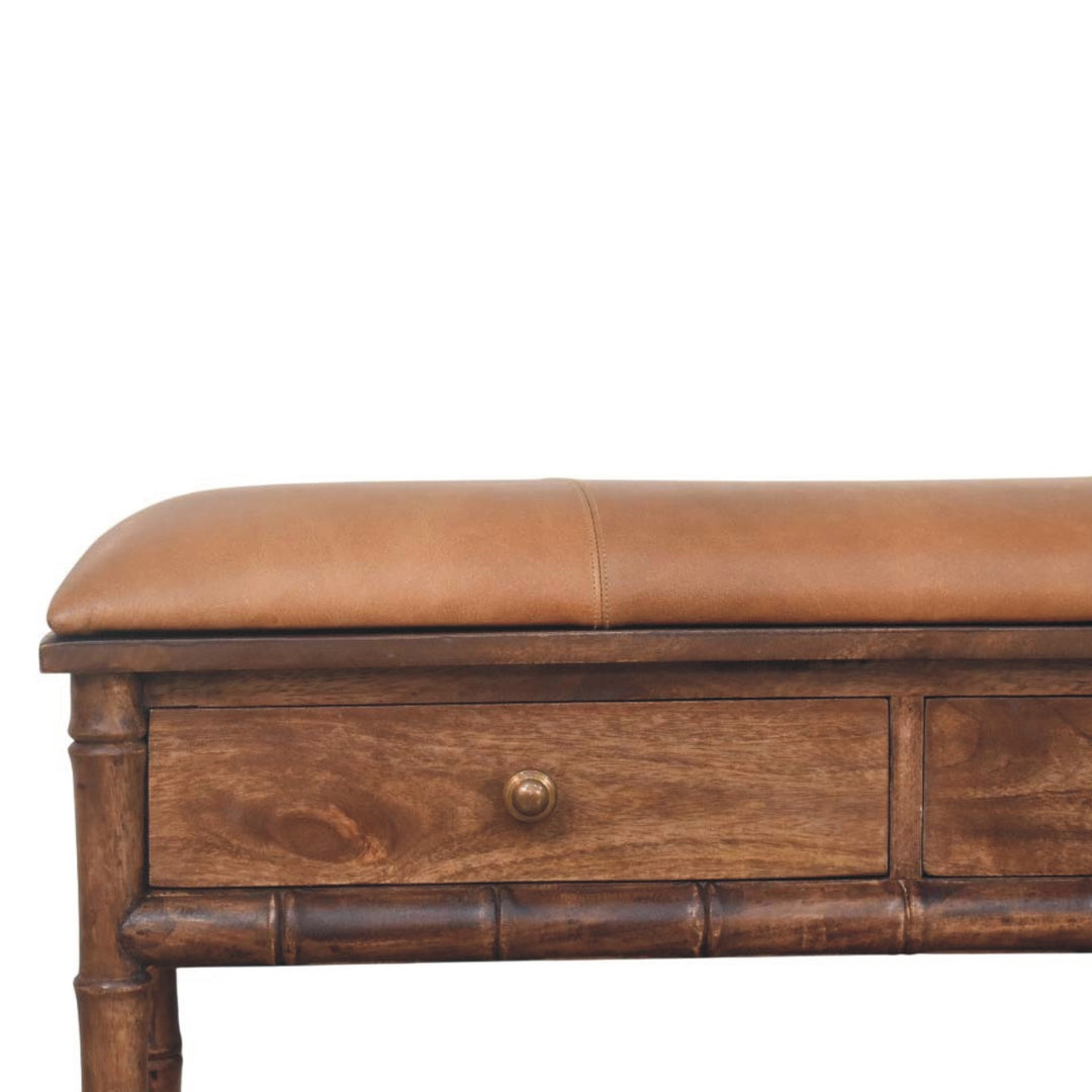 Solid Wood Bamboo Carved Storage Bench,Leather,2-Drawer,1-Shelf