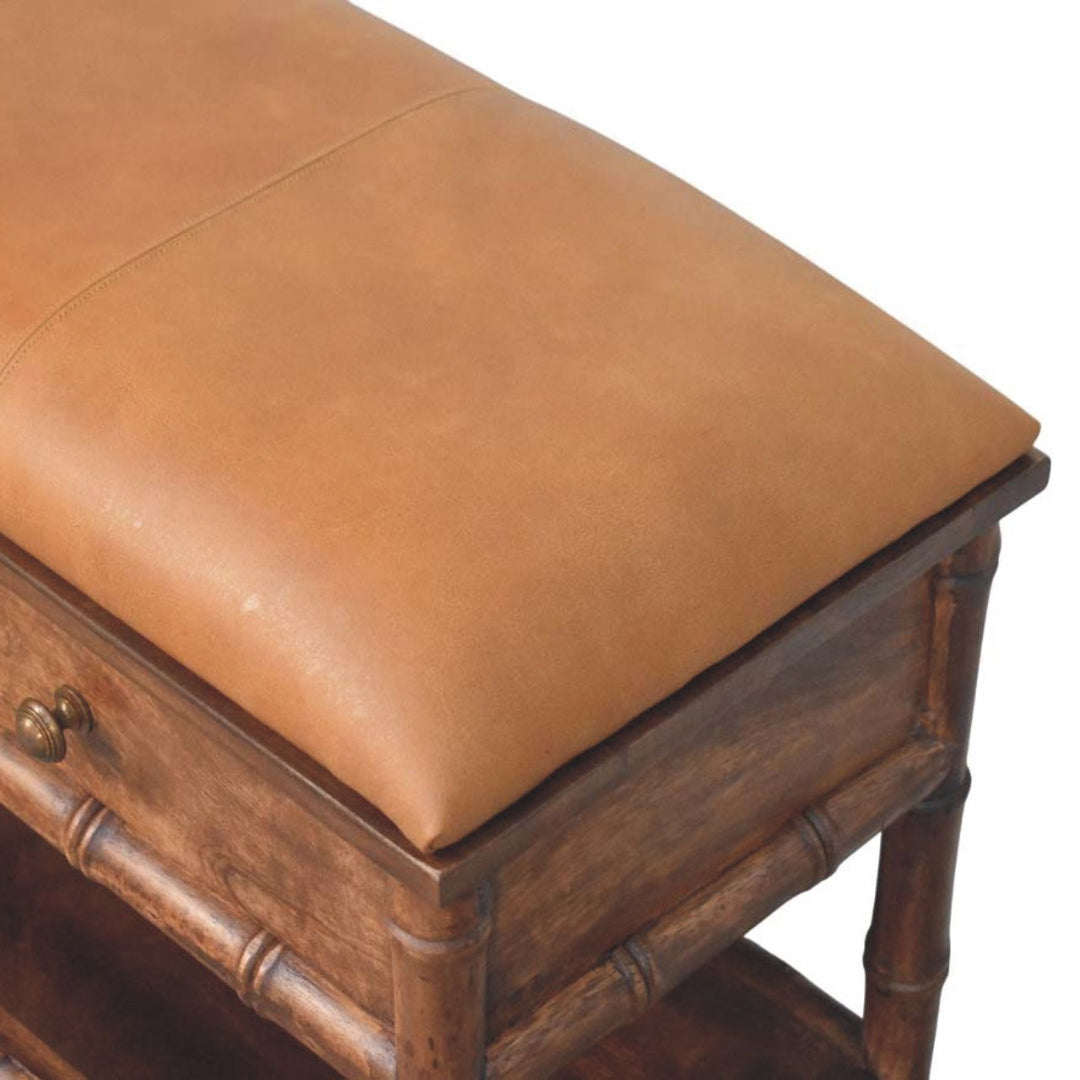 Solid Wood Bamboo Carved Storage Bench,Leather,2-Drawer,1-Shelf